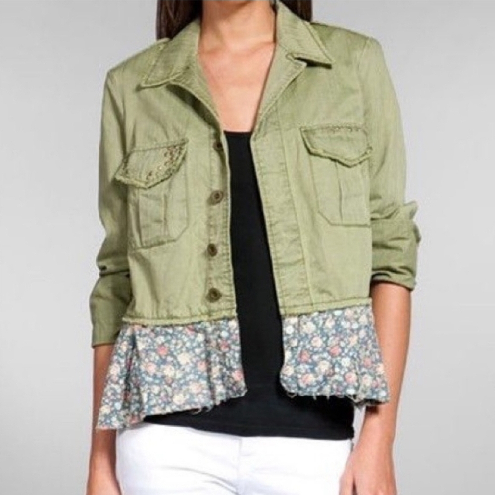 Free People Sergent Ruffle Embellished Utility Jacket with Floral Trim Womens M